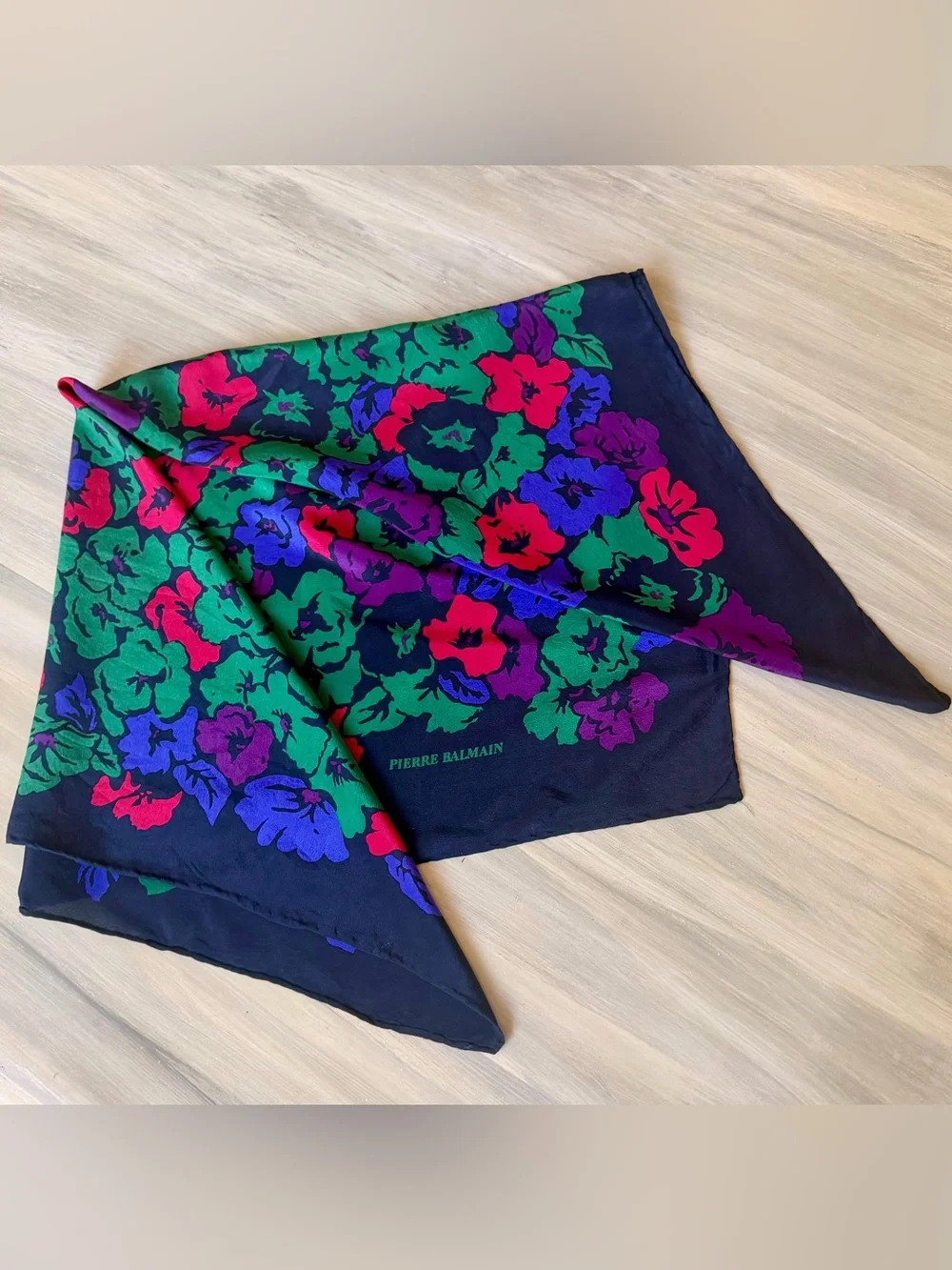Balmain Navy Floral Silk Scarf Cottagecore Green Purple Pink Blooms